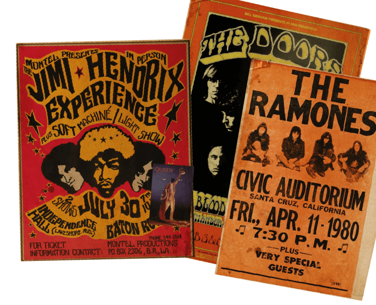 collage of music posters featuring Jimi Hendrix, The Doors and The Ramones