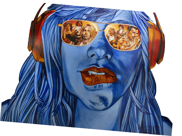 pop art illustration of a woman wearing headphones and sunglasses with a group of musicians in the reflection 