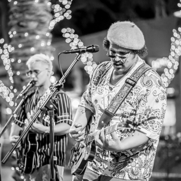 Two men playing guitar and singing into microphones